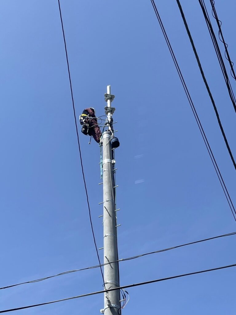 電柱に登り作業するスタッフ